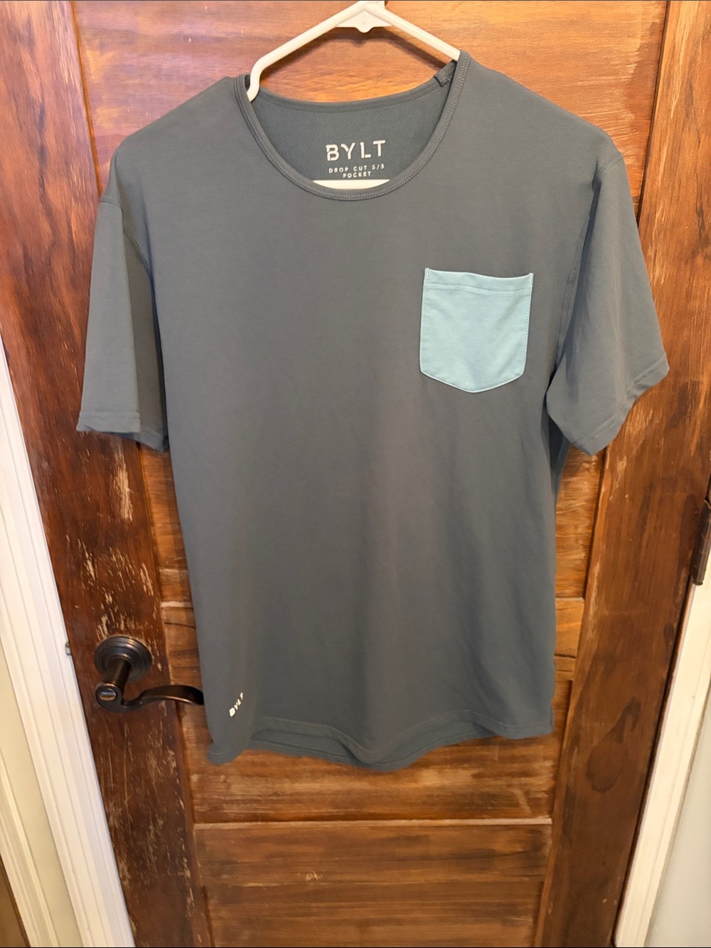 BYLT Basics Slate Gray Short-Sleeve Tee with Light Blue Pocket - Curved Hem